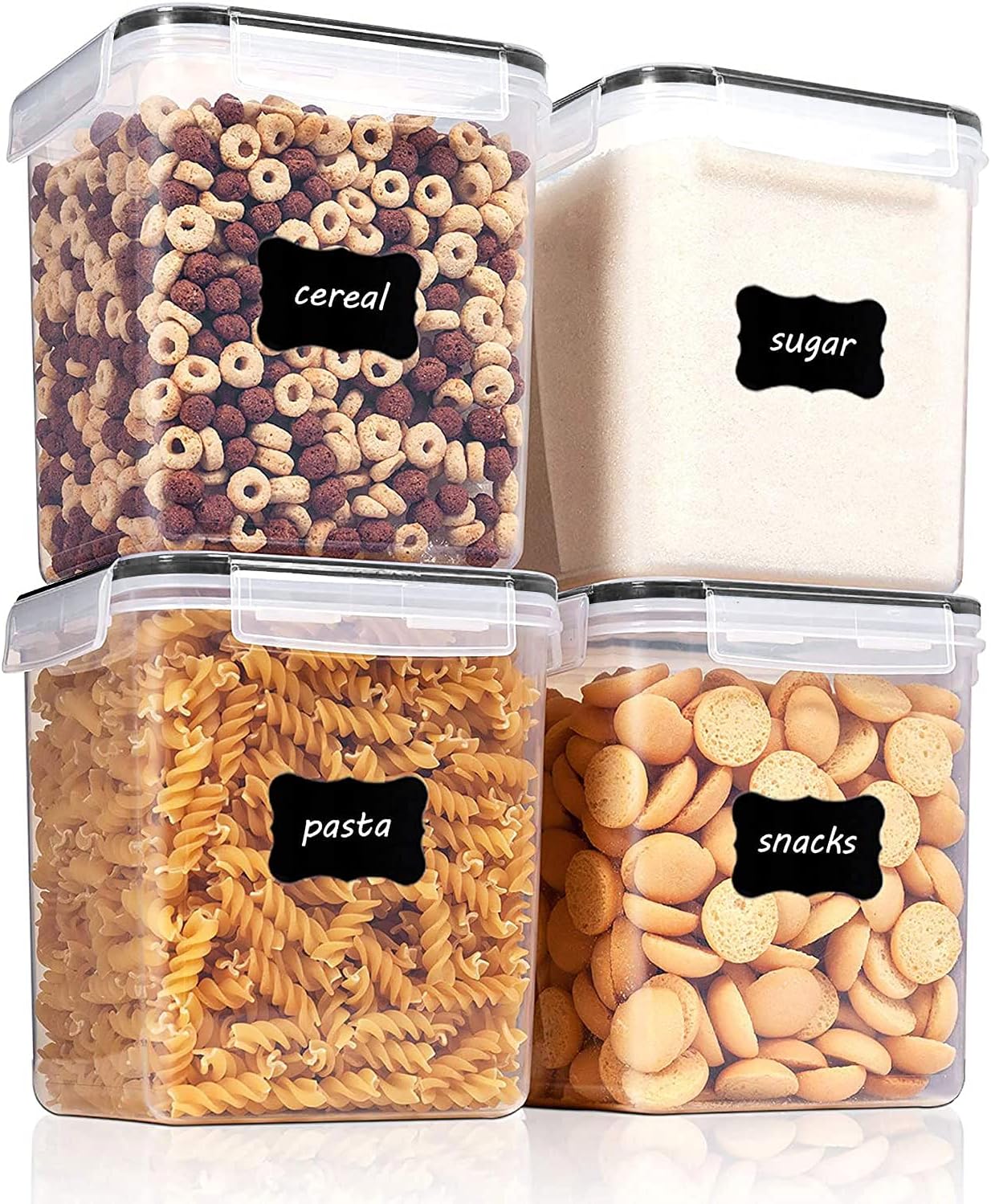 Vtopmart 4 PCS Large Food Storage Containers 5.2L / 175oz, 4 Pieces BPA Free Plastic Airtight Canisters for Flour, Sugar, Baking Supplies, Rice with Lids, 4 Measuring Cups and 24 Labels, Black