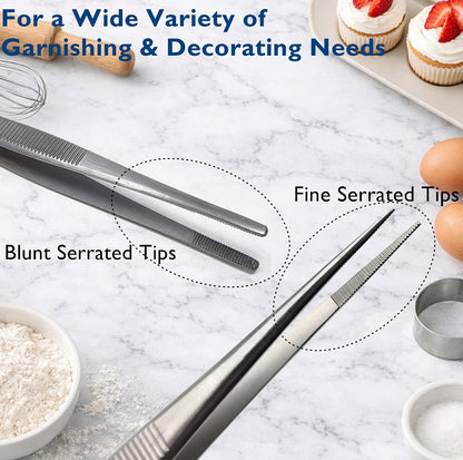A2Z Chef Precision Tweezers Set of 2 – Stainless Steel Offset & Straight Serrated Tip Tweezers for Food Plating, Garnishing & Culinary Preparation