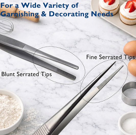 A2Z Chef Precision Tweezers Set of 2 – Stainless Steel Offset & Straight Serrated Tip Tweezers for Food Plating, Garnishing & Culinary Preparation