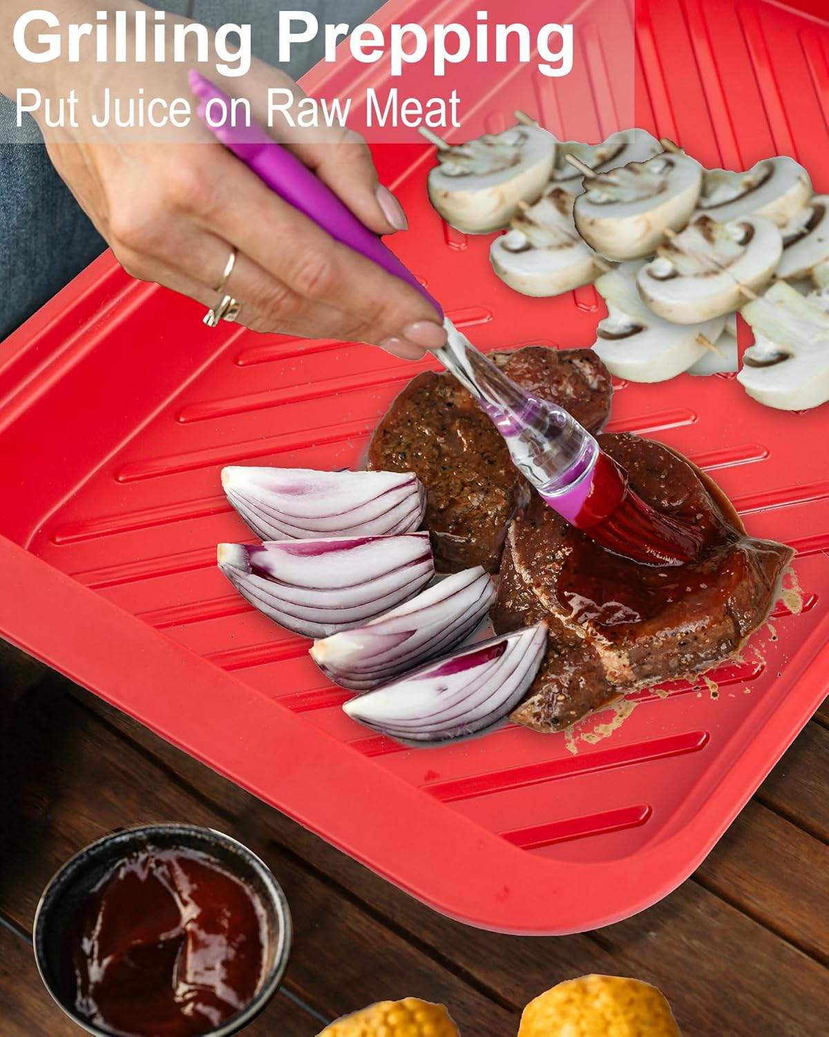 ECOIOU Grilling Prep and Serving Tray with Lid, BBQ Deep Tray for Marinating Raw and Cooked Food, Melamine Serving Trays for Food, Black and Red