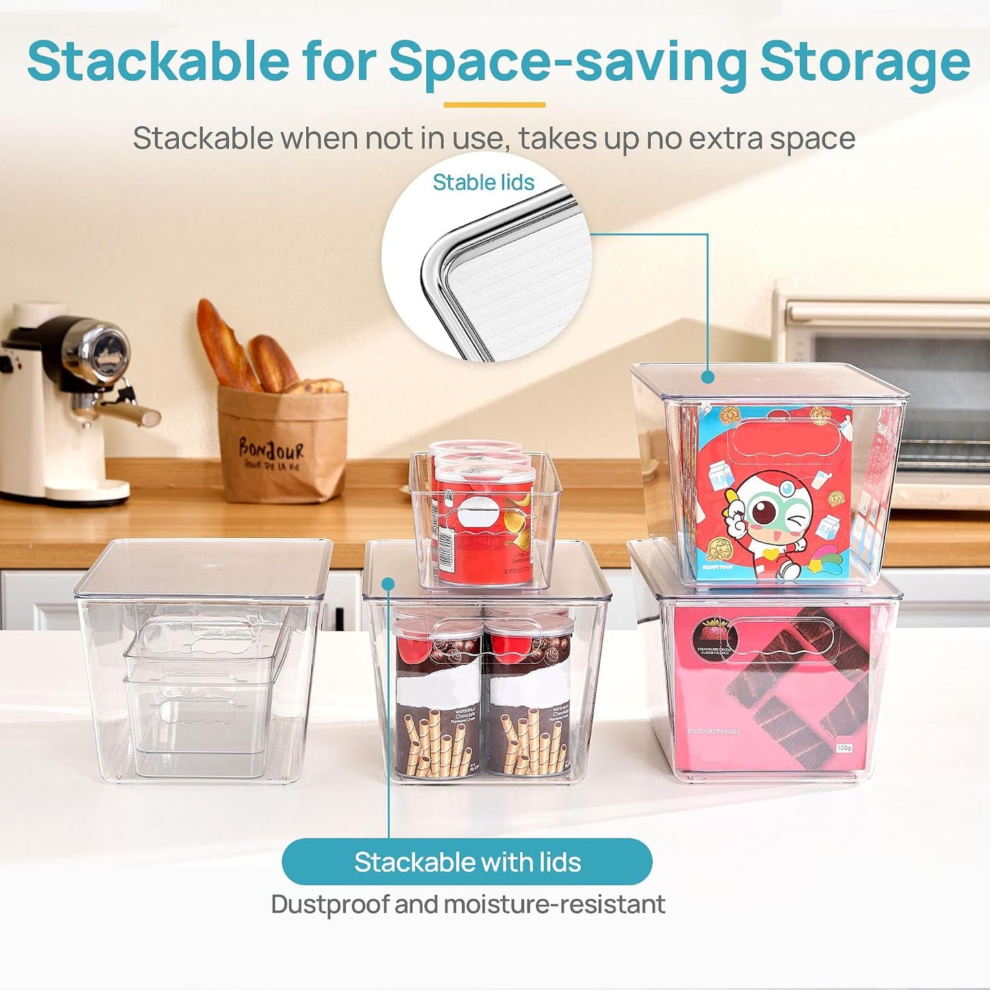 Vtopmart Clear Plastic Storage Bins, 6 PCS Pantry Organizer Bins with Handle for Refrigerator, Fridge, Cabinet, Kitchen, Countertops, Cupboard, Freezer Organization and Storage, Large