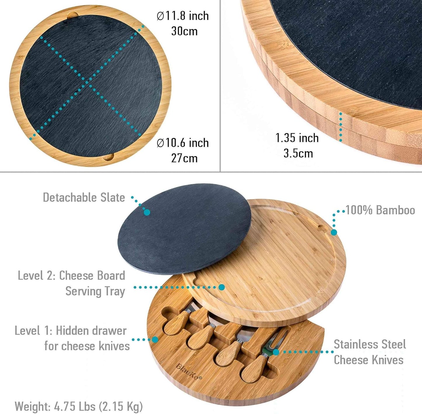 Bamboo Cheese Board and Knife Set – 14 inch Round Charcuterie Board, Serving Tray, Platter, Wood Cheeseboard Set with Slide-Out Drawer – BlauKe®