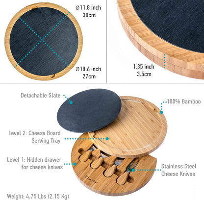 Bamboo Cheese Board and Knife Set – 14 inch Round Charcuterie Board, Serving Tray, Platter, Wood Cheeseboard Set with Slide-Out Drawer – BlauKe®