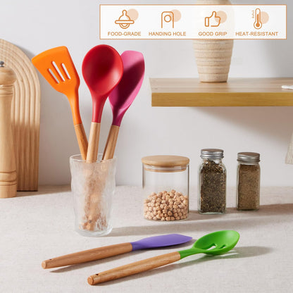 E-far Silicone Cooking Utensils Set, 5-Piece Kitchen Utensils Set with Wooden Handle for Cooking, Silicone Kitchen Nonstick Tools Spatula Turner Slotted Spoons, Nontoxic & Heat Resistant-Khaki
