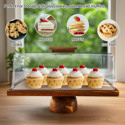 Acacia-Wood-Cake-Stand With Acrylic Lid, Rectangular Cake Plates Charcuterie Board With Cover, 2-in-1 Cake Holder With Dome，Dessert Table Display Stand For Cheese, Chips & Dips, Nachos, Fruit Platter