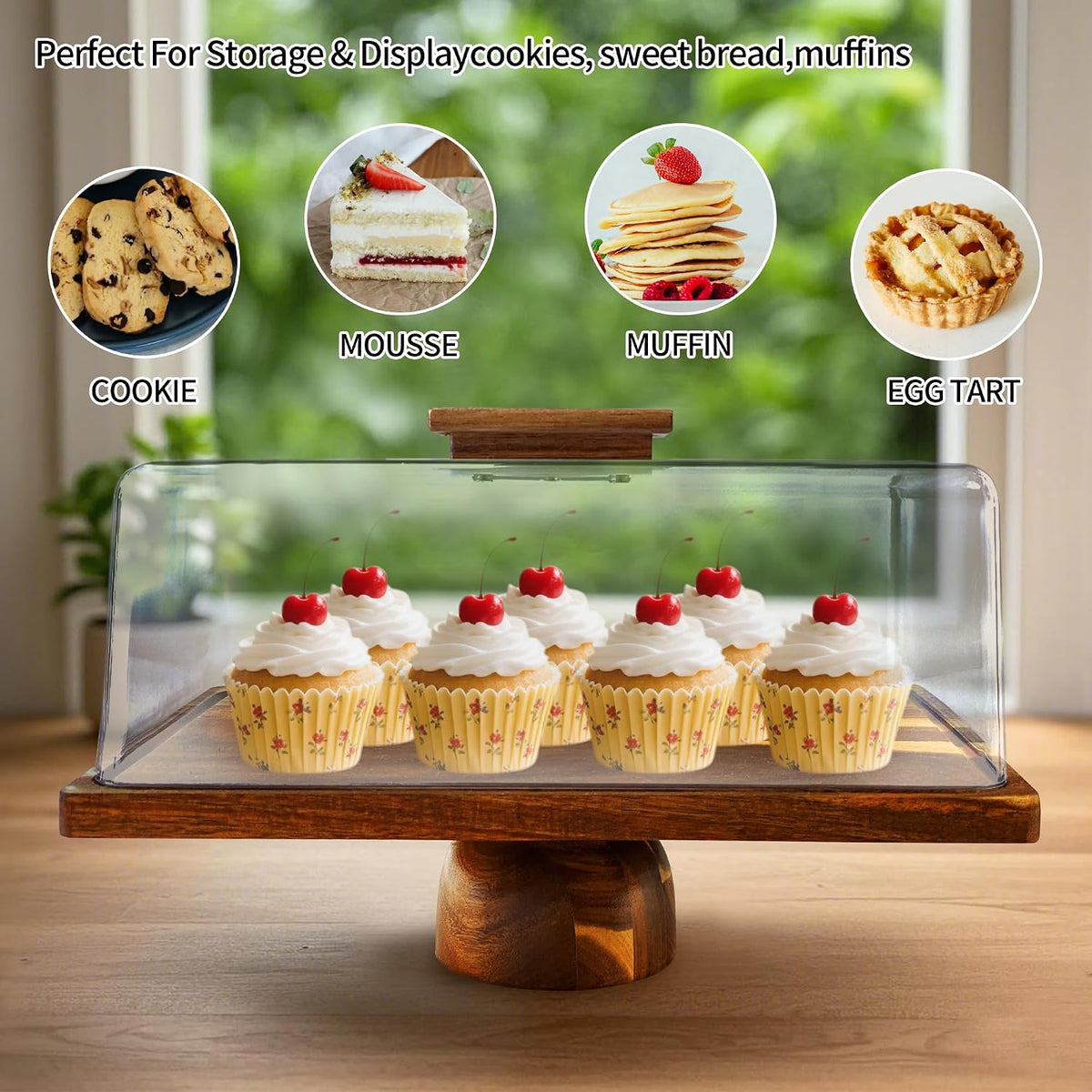 Acacia-Wood-Cake-Stand With Acrylic Lid, Rectangular Cake Plates Charcuterie Board With Cover, 2-in-1 Cake Holder With Dome，Dessert Table Display Stand For Cheese, Chips & Dips, Nachos, Fruit Platter