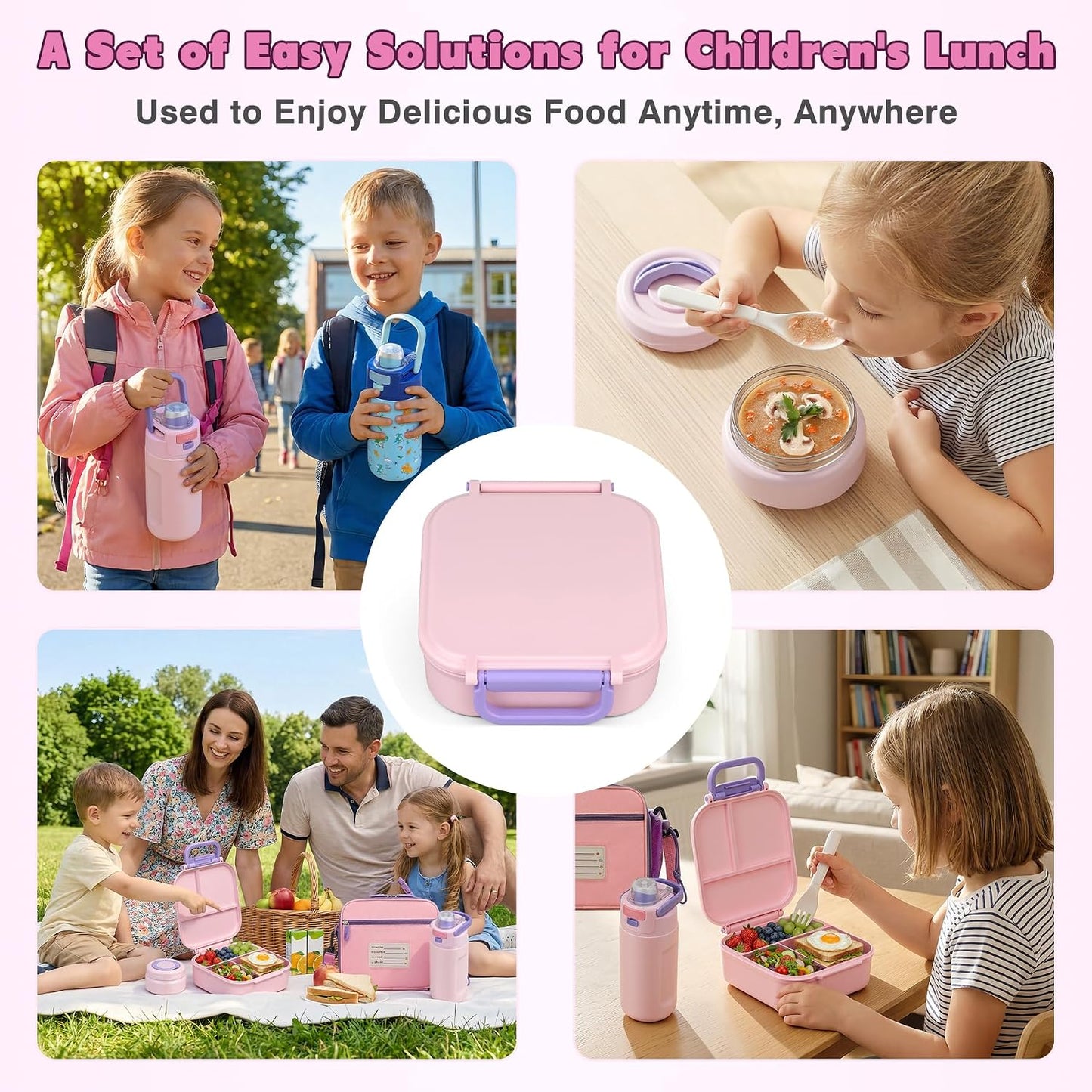 Bento Lunch Box for Kids with 7oz Soup Thermo,Insulated Stainless Steel Kids Water Bottle with Straw and Insulated Lunch Bag,Leak-Proof Lunch Food Container with Ice Pack for School (Purple-Mermaid)