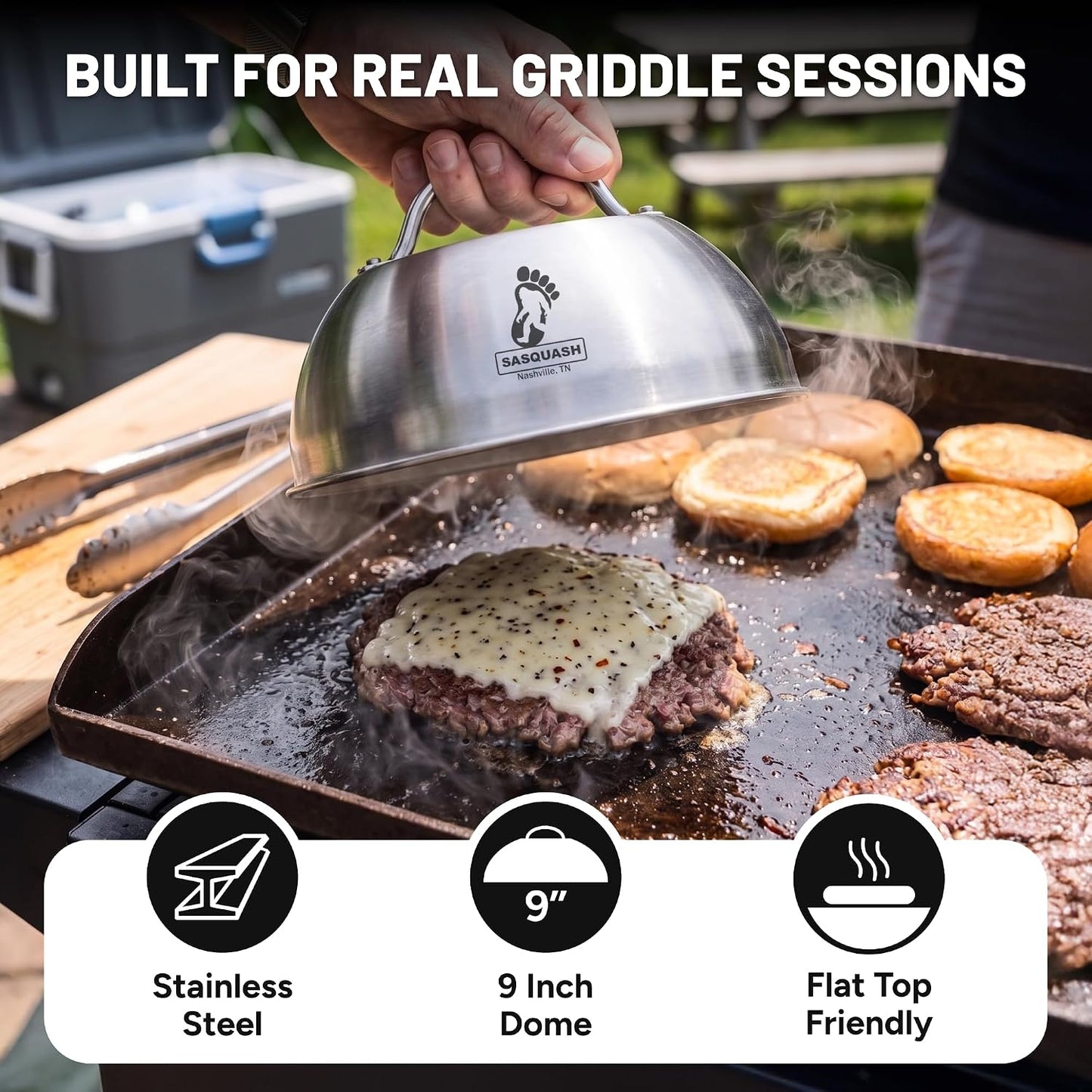 Sasquash Melting Dome For Griddle, 9 Inch Stainless Steel Cheese Melting Dome, Basting And Steaming Cover For Smash Burgers, Vegetables, Flat Top Grill Cooking, Grilling Accessories