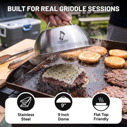 Sasquash Melting Dome For Griddle, 9 Inch Stainless Steel Cheese Melting Dome, Basting And Steaming Cover For Smash Burgers, Vegetables, Flat Top Grill Cooking, Grilling Accessories