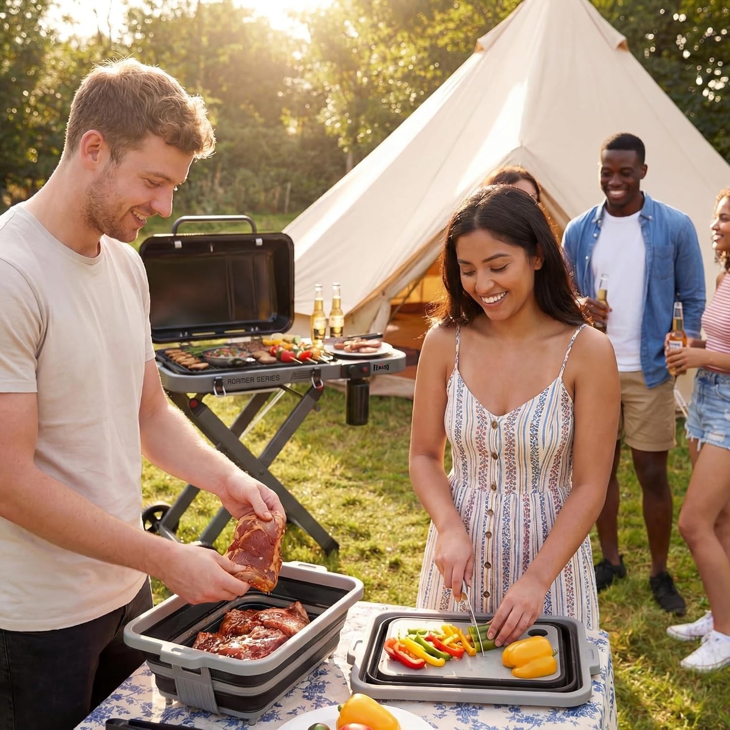 Feasto Collapsible BBQ Prep Tubs with Cutting Board, 9-IN-1, 2 Tubs Portable Grill Prep Station with Side Brackets, Lids, Knives, Meat Claws and Drain Rack, Space-Saving for Kitchen & Camping, Black