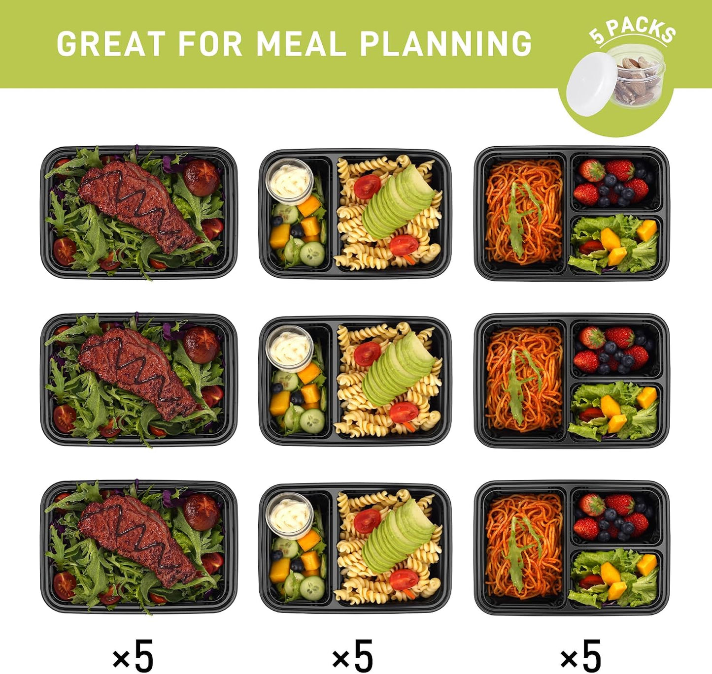 LISI 100-Piece Meal Prep Containers, 33oz Large Food Storage Containers with lids with 1, 2, 3-Compartment, Freezer Safe To-Go/Take-Out Boxes, Includes 5-Pack 2oz Dressing Cups for Take Out