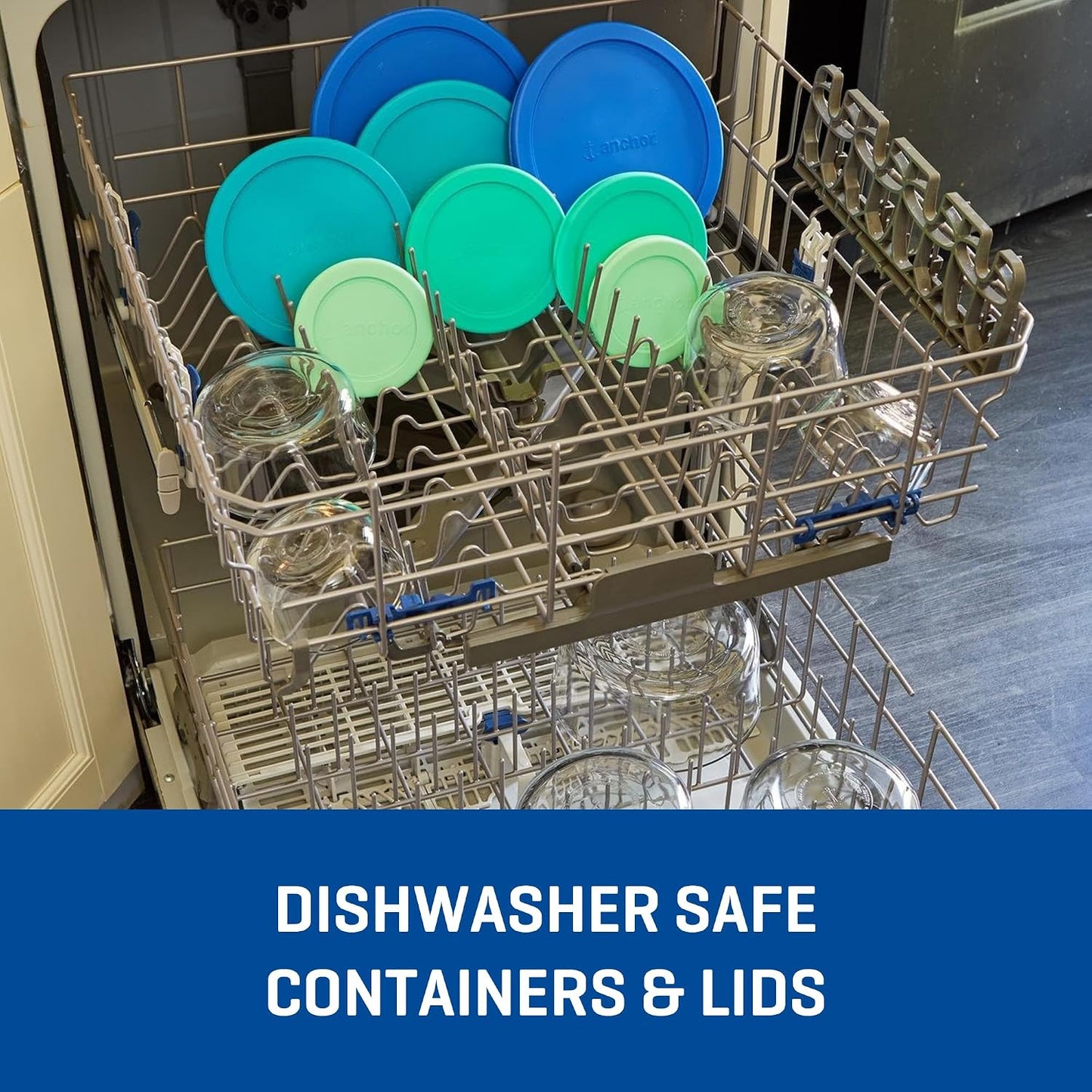 Anchor Hocking 12 Piece Glass Storage Containers with Lids (6 Glass Food Storage Containers & 6 Navy Blue SnugFit Lids)