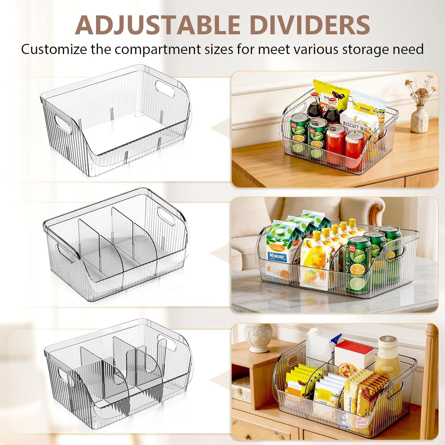 Set of 3 Pantry Organizers and Storage Bins with Removable Dividers - Clear Plastic Storage Box for Cabinet, Kitchen, Fridge, Bathroom, Home Organization Food Containers, Large Medium Small
