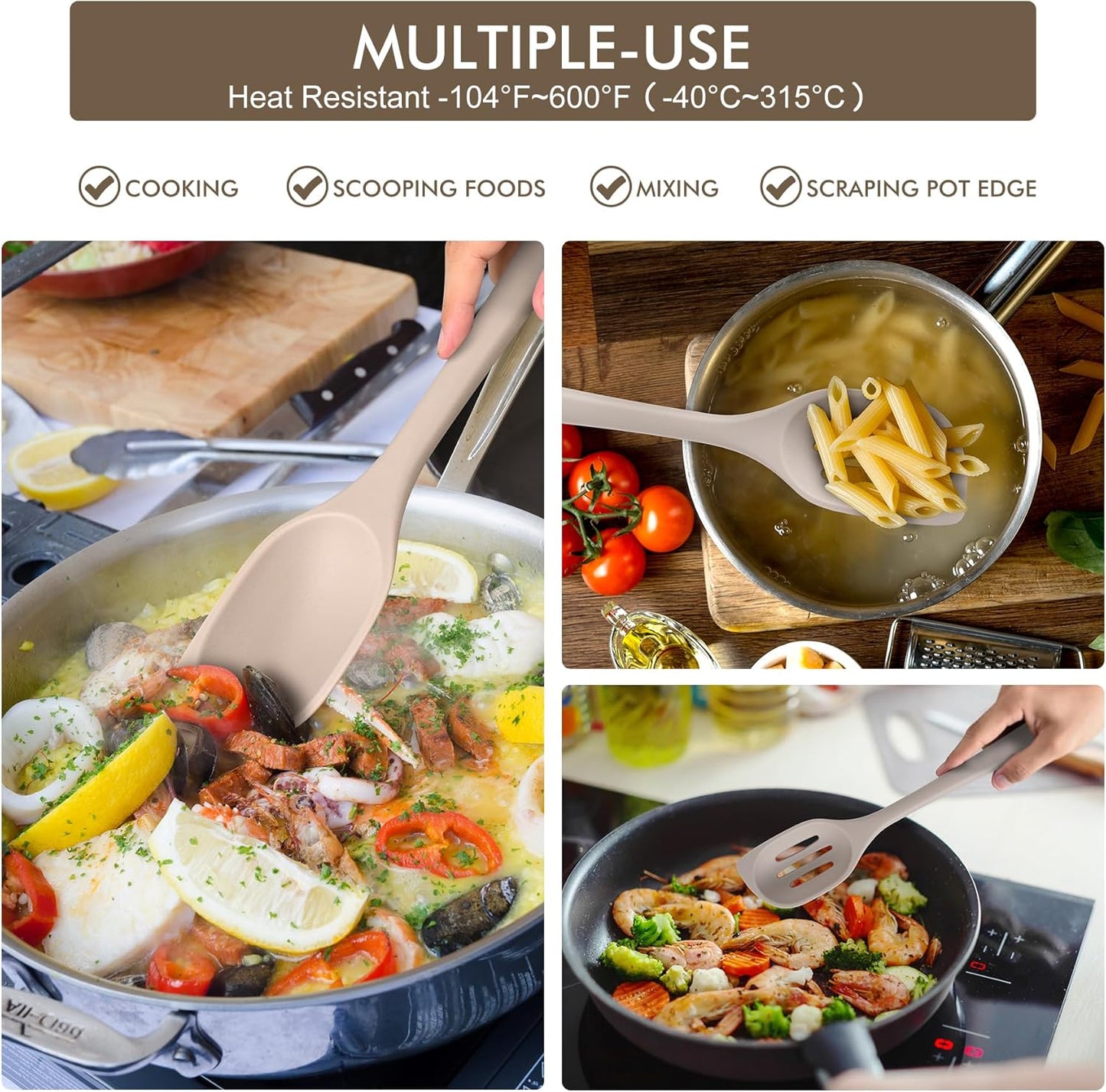 HOTEC 446°F Heat Resistant Silicone Cooking Spoon Spatula, BPA Free Large Kitchen Solid and Slotted Spoons for Mixing, Serving, Scraping, Non-stick, Dishwasher Safe Classic Blue 12.5inch