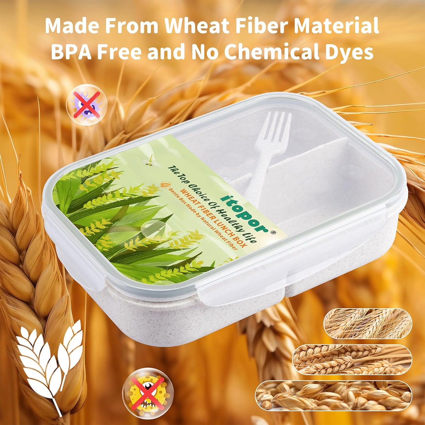 Itopor Classic Wheat Straw Bento Box, Leak-Proof 3-Compartment Lunch Box for Adults & Older Kids, BPA-Free Meal Prep Food Container with Fork, Microwave & Dishwasher Safe, 5.5 Cup, Sage Green
