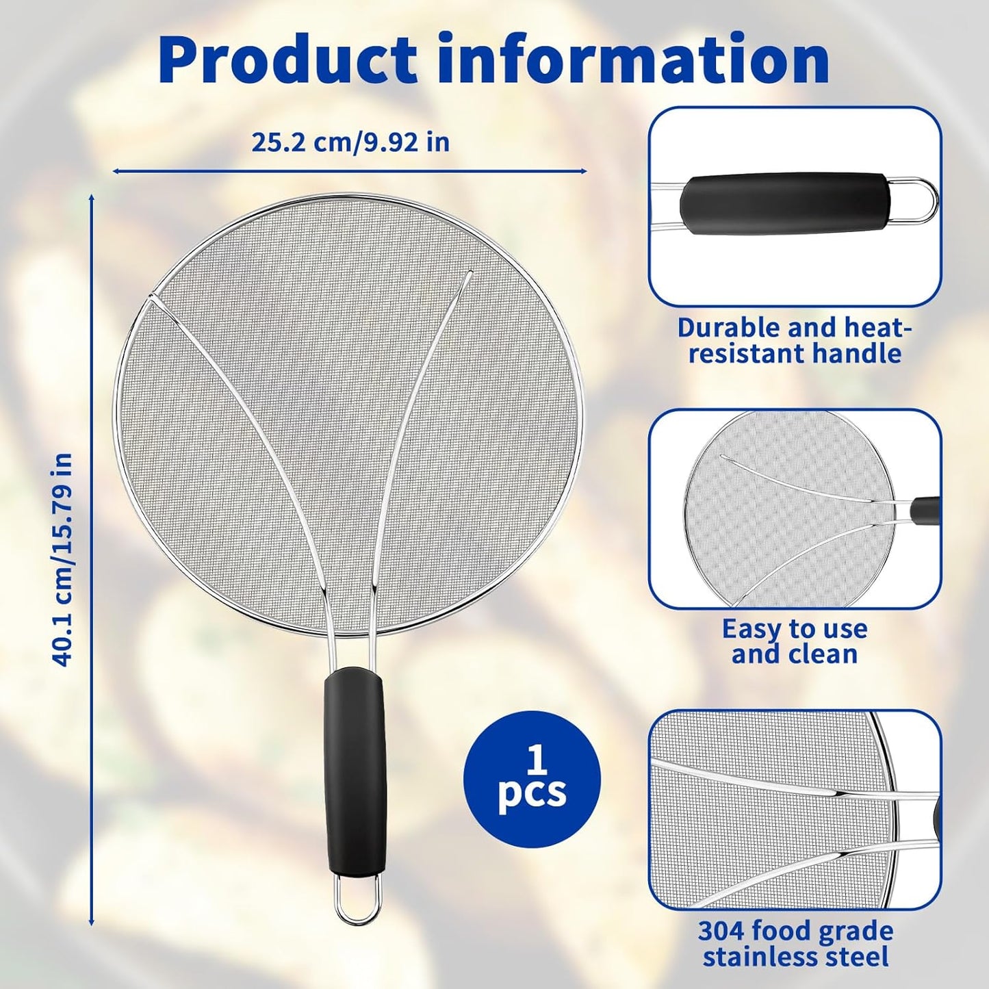 Splatter Screen for Frying Pan - 10’’ Stainless Steel Grease Splatter Guard with Grip Handle- Ultra Fine Mesh Cover Oil Splash when Sizzling Bacon, Cooking Fried Chicken or Popcorn