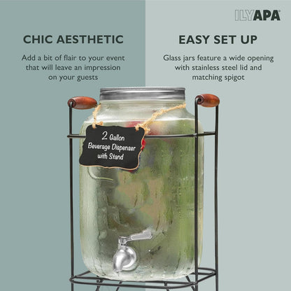 Ilyapa 2 Gallon Glass Beverage Dispenser, Metal Base, Stainless Steel Spigot & Hanging Chalkboard - for Lemonade, Tea, Cold Water & More