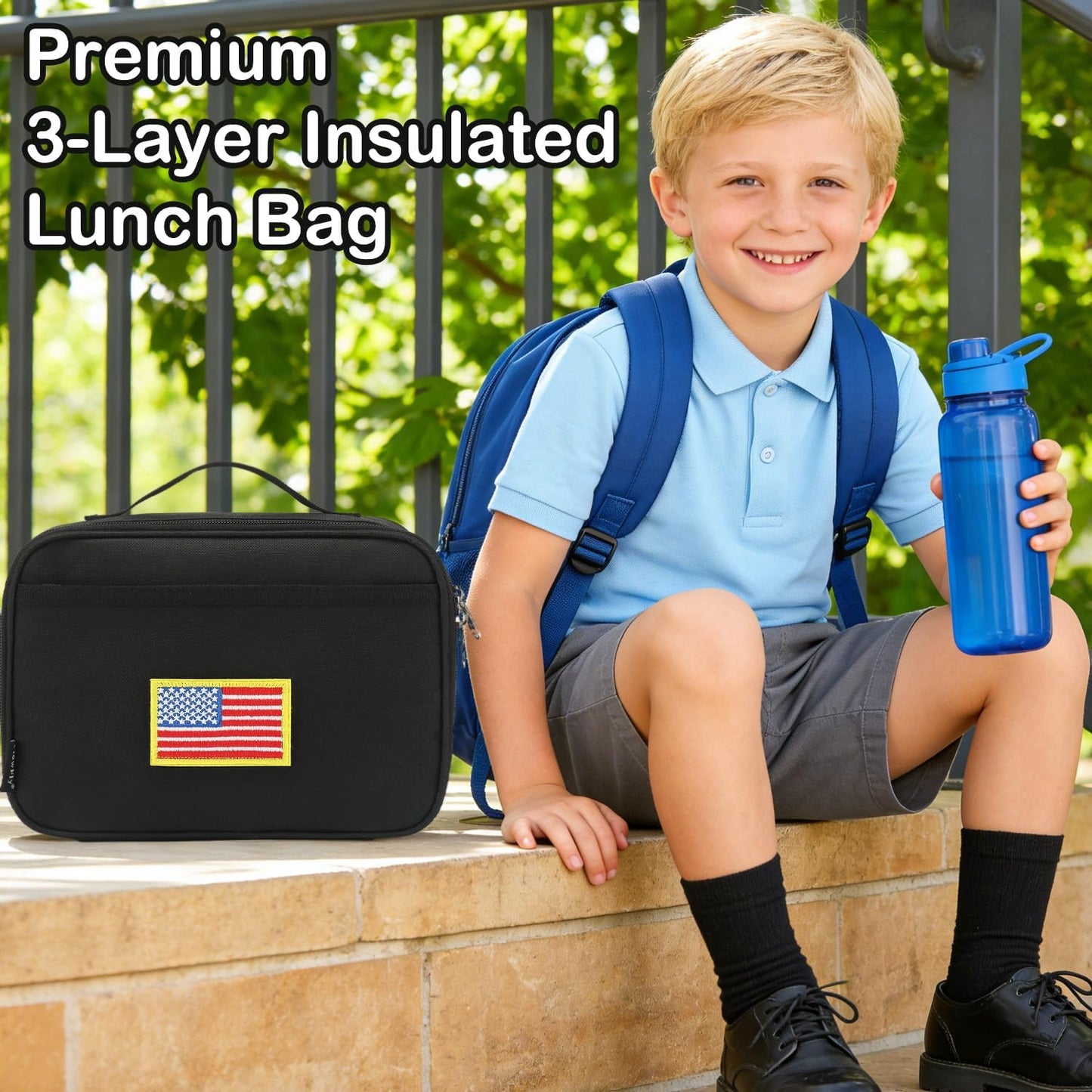 FlowFly Kids Lunch box Insulated Soft Bag Mini Cooler Back to School Thermal Meal Tote Kit for Girls, Boys, Black