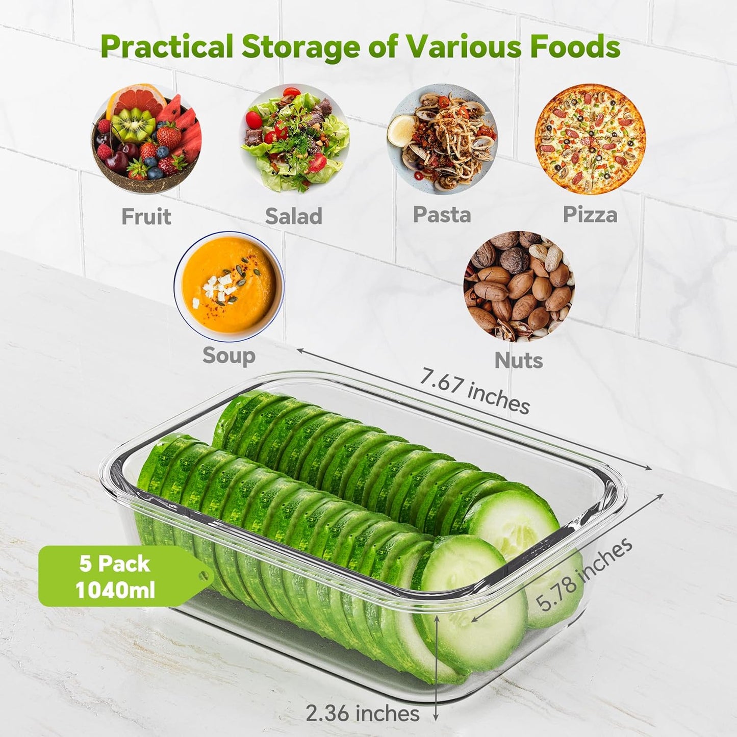 5-Pack 35 oz Borosilicate Glass Food Storage Containers with Lids, Stackable Airtight Glass Meal Prep Containers for Lunch & Leftover, BPA-Free & Leak Proof, for Microwave, Oven, Dishwasher