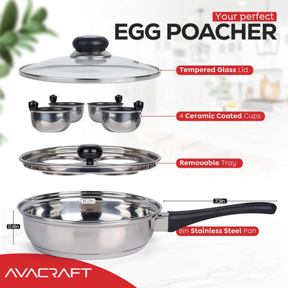 AVACRAFT Stainless Steel Egg Poacher Pan with 4 Egg Cups