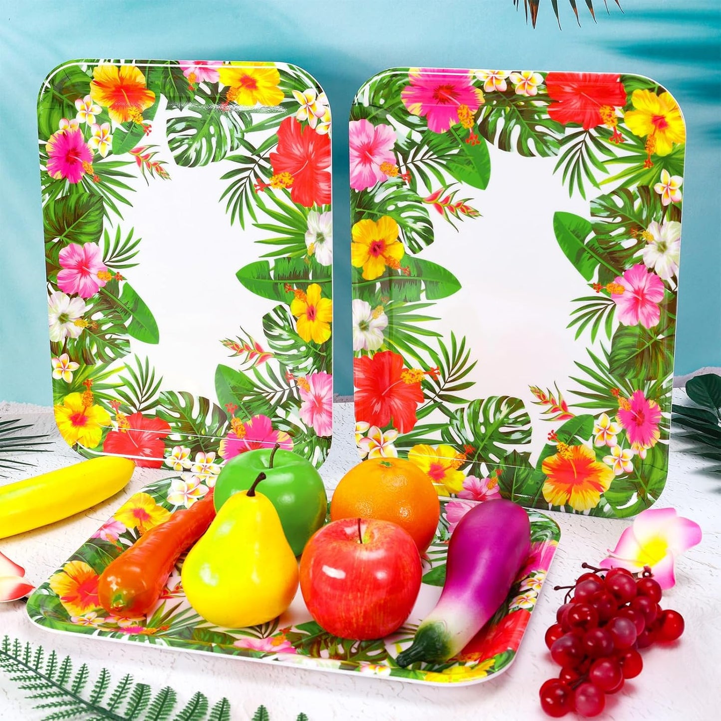 JarThenaAMCS 3Pcs Summer Tropical Luau Serving Trays Reusable Serving Dishes Watercolor Hawaiian Hibiscus Floral Monstera Melamine Platter for Pool Beach Aloha Birthday Party