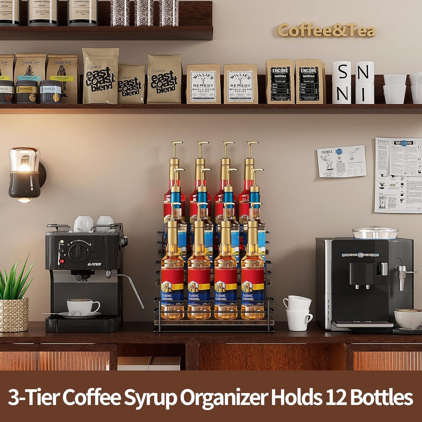 Nuovoware Coffee Syrup Organizer, 2-Tier 10 Bottles Bar Organizer, Separable Metal Rack with Wooden Base Whiskey Wine Dressing for Countertop Kitchen Coffee Bar, Black