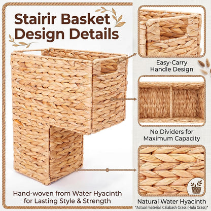 Cinnvoice 2 Pack Stair Storage Baskets 15'' Water Hyacinth Carpeted Wooden Step Bins with Handles for Toys Books Staircase Storage Home Organization