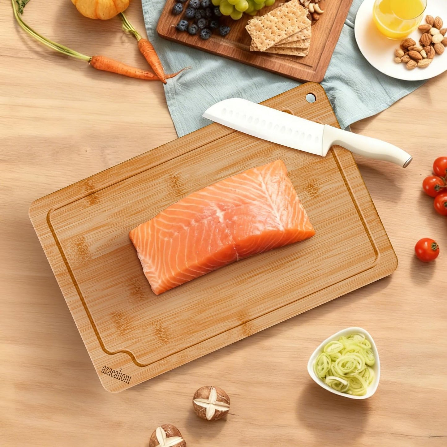 Bamboo Cutting Boards for Kitchen, Wood Cutting Board Set with Juice Grooves & Built-in Handles, Large Medium Small Chopping Board for Meat, Vegetables, Fruit
