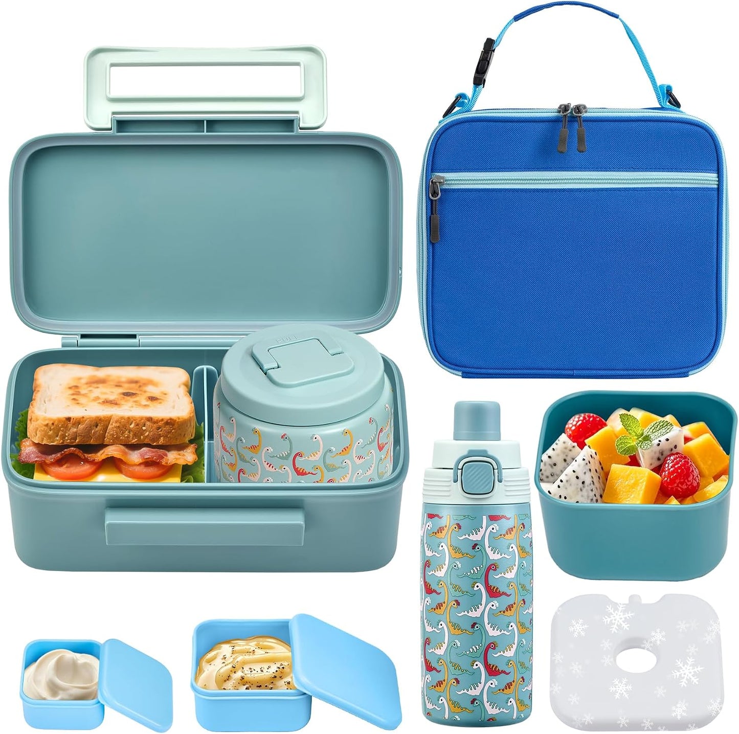 PIQUEBAR Bento Lunch Box for Kids with Thermo Ice Pack Lunch Food Container Insulated Bag, 18oz Plastic Sport Water Bottle for Kid Girls Boys