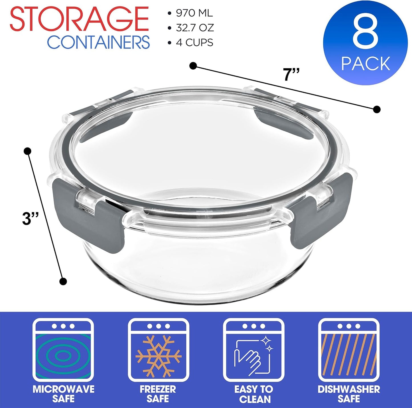 Sorbus Glass Meal Prep Containers Set – 8 Round 32oz Containers with Airtight Lids – Freezer, Dishwasher, Oven Safe – Reusable Food Storage Bowls