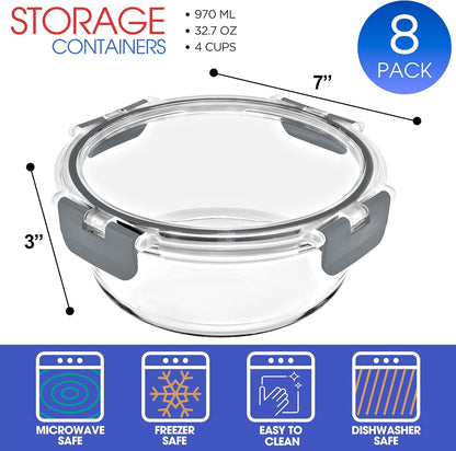 Sorbus Glass Meal Prep Containers Set – 8 Round 32oz Containers with Airtight Lids – Freezer, Dishwasher, Oven Safe – Reusable Food Storage Bowls