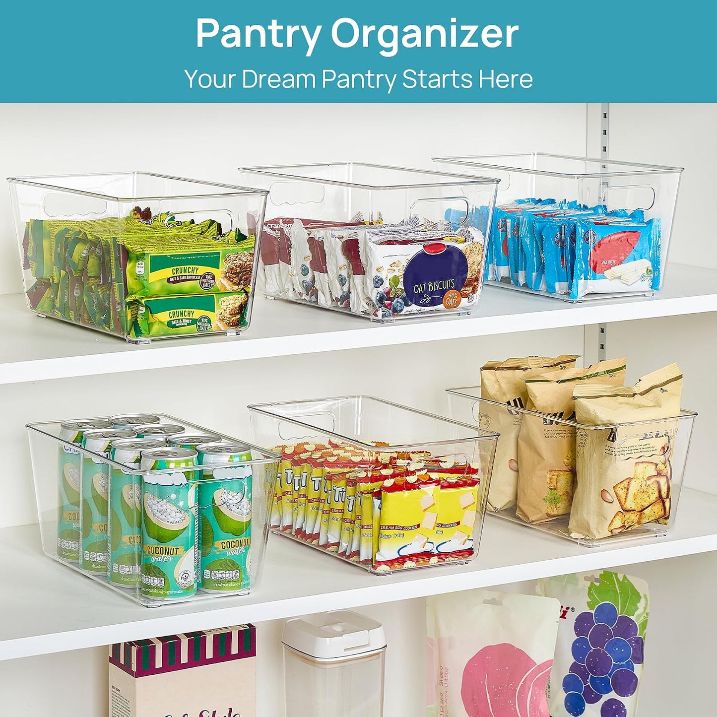 Vtopmart Clear Plastic Storage Bins, 6 PCS Pantry Organizer Bins with Handle for Refrigerator, Fridge, Cabinet, Kitchen, Countertops, Cupboard, Freezer Organization and Storage, Large