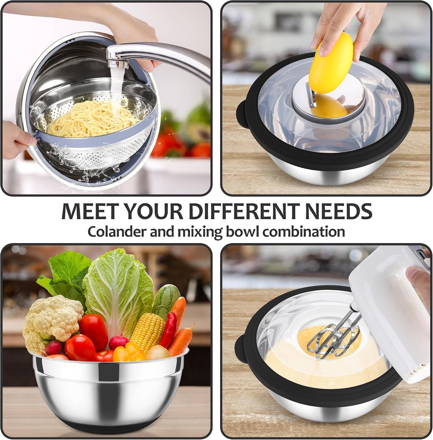 E-far Colander with Mixing Bowl Set, 4-1 Stainless Steel Colander Strainers Bowl with Graters for Kitchen, Rotatable Food Strainer Bowl for Rinsing Fruits Vegetables/Draining Pasta - Black