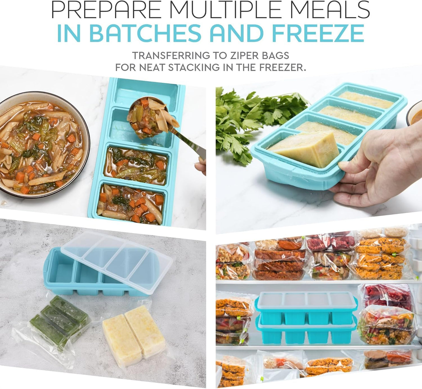 XOMOO Silicone Freezer Tray With Lid-Soup Freezer Container molds-2-cup Extra Large Ice Cube Tray-makes 4 perfect 500ml portions cubes, For freezing soup,stews,sauces.Oven&Dishwasher-Safe(2-Pack)