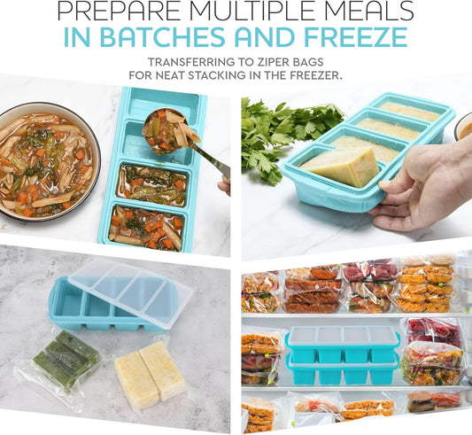 XOMOO Silicone Freezer Tray With Lid-Soup Freezer Container molds-2-cup Extra Large Ice Cube Tray-makes 4 perfect 500ml portions cubes, For freezing soup,stews,sauces.Oven&Dishwasher-Safe(2-Pack)