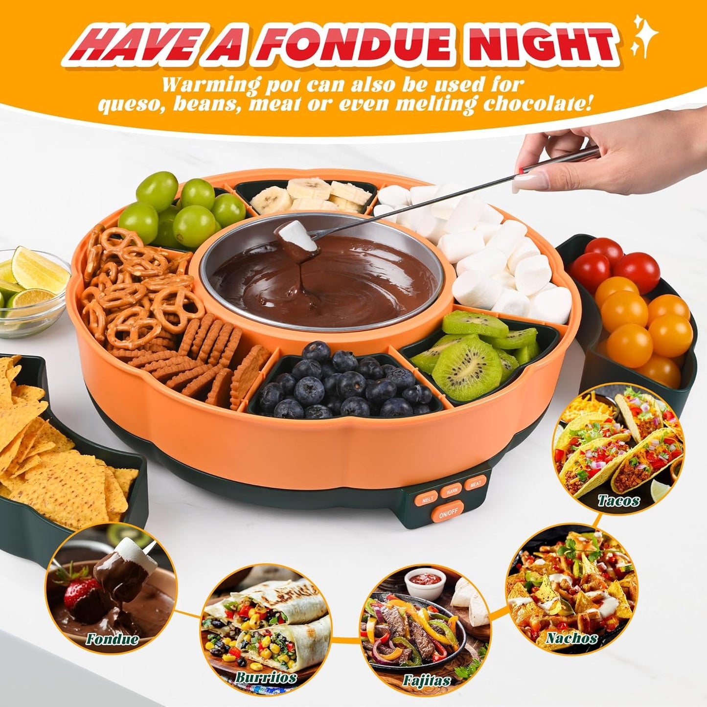Taco Tuesday Kit - Taco Bar Serving Set for a Party with 33oz Heated Pot, 4 Taco Holders, Detachable Lazy Susan Tray, Perfect for Parties, Nachos Taco Night Fiesta Unique Couple & Housewarming Gift