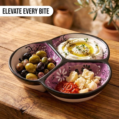 Ceramic Chip & Dip Bowl 7.5”, 3-Compartment Divided Serving Dish & Condiment Tray for Appetizers – Handmade in Spain, Lead-Free Glaze, Microwave, Oven & Dishwasher Safe