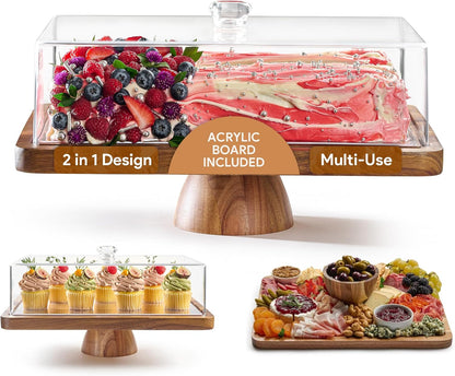 HOMESPHERE Acacia Wood Cake Stand with Lid - Rectangular Cake Holder, 2-in-1 Dessert Table Display Set & Charcuterie Board for Cheese, Chips, Fruit Platter, Large Acrylic Cake Dome Cover, No Glass