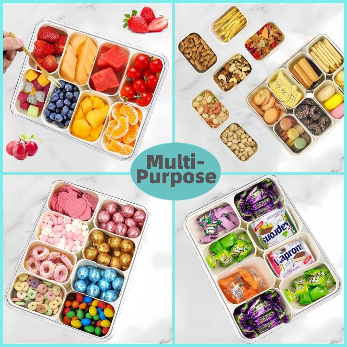 Divided Serving Tray with Lid and Handle, Snackle Box Container Portable Snack Platters with 7 Compartments & Forks, Ice Chilled Organizer for Fruits, Veggies, Salad, Perfect for Entertaining,Picnic