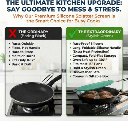 Silicone Splatter Screen for Frying Pan, 13” Navy – Grease & Oil Splatter Guard, Heat Resistant, Dishwasher Safe, Foldable Handle with Sleeves – Splash Guard Fits 10–12” Pans, Most 13” Skillets