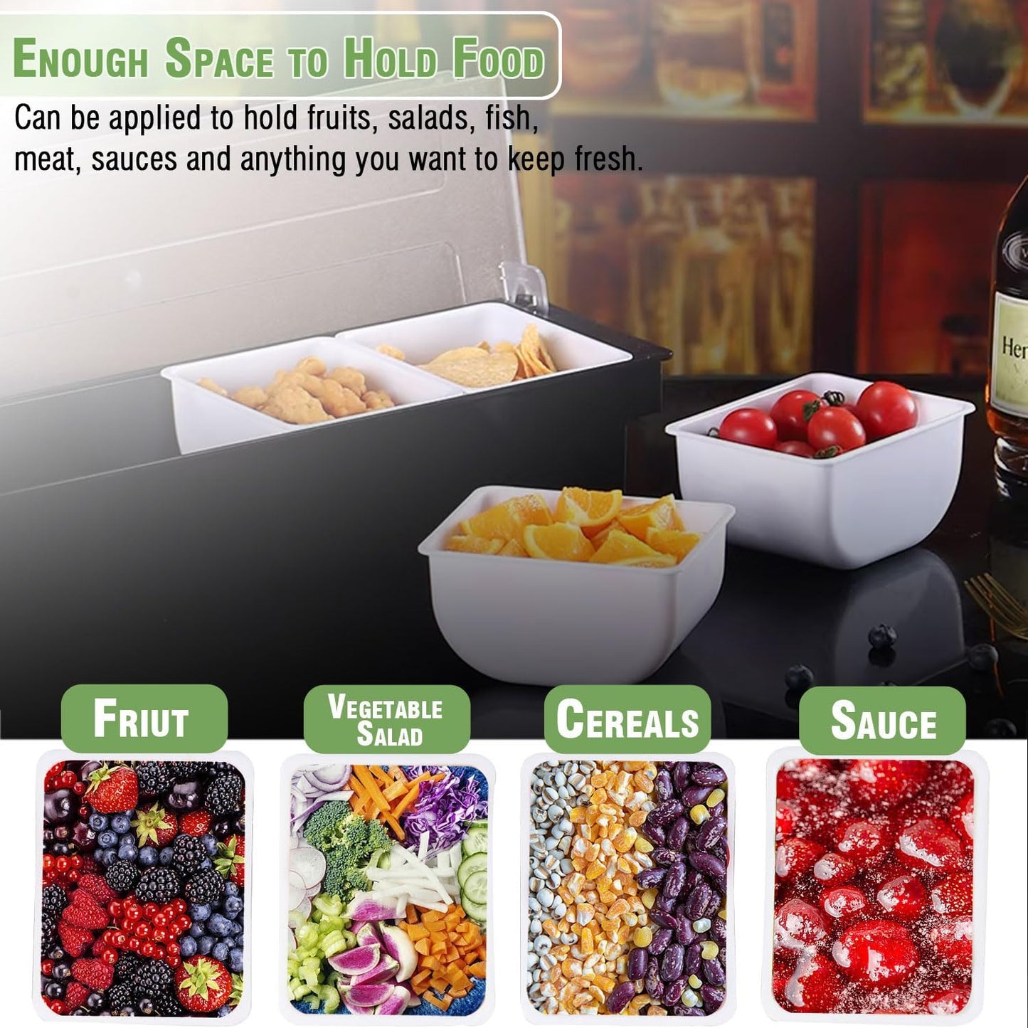 V·RESOURCING Ice Chilled Condiment Caddy,4 Containers(27oz) with Ice Chamber,Ice Cooled Condiment Serving Container with Lid for Salar Bar,Fruit,Veggie,Candy,Snack,Sauce