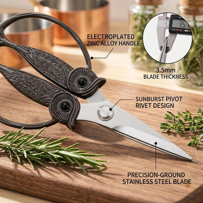 XSNBRD All Purpose Kitchen Scissors, Pearl Gold Stainless Owl Shears.