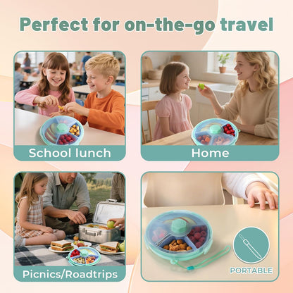 KingKam Kids Snack Spinner Containers, Reusable Toddler Spin Snack Container Box with 4 Compartments & Lid, BPA Free Food Grade Silicone Tray Dishwasher Safe, Travel Snacking Accessories (Blue/Green)