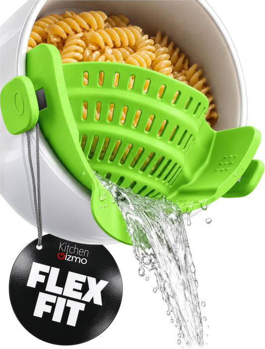 Kitchen Gizmo Snap N' Strain Clip On Strainer for Pots and Pans - Collapsible Silicone Pasta Strainer and Kitchen Gadget for Cooking - Easy to Use, Heat Resistant and Space Saving Colander - Green