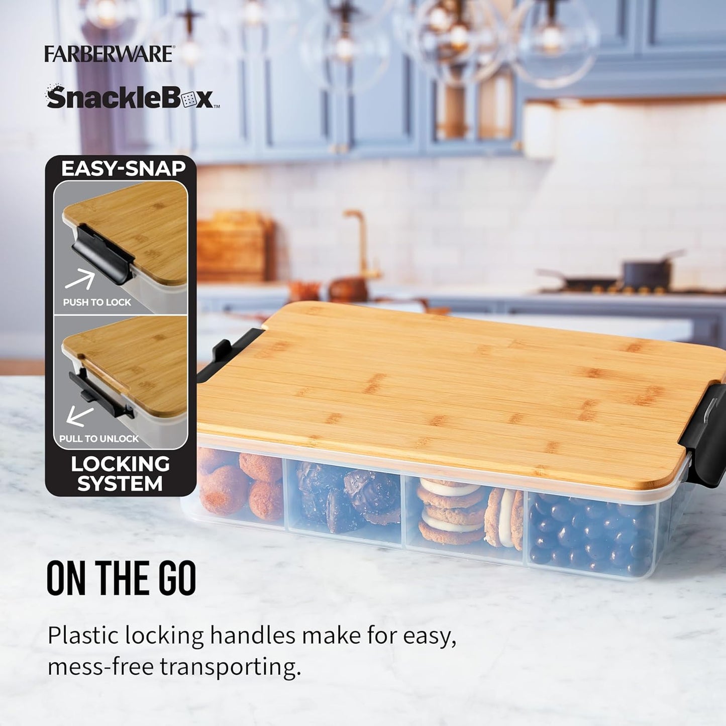 Farberware Small Build-a-Board Snacklebox with Locking Plastic Cutting Board Lid, Portable Charcuterie Storage with 7 Compartments
