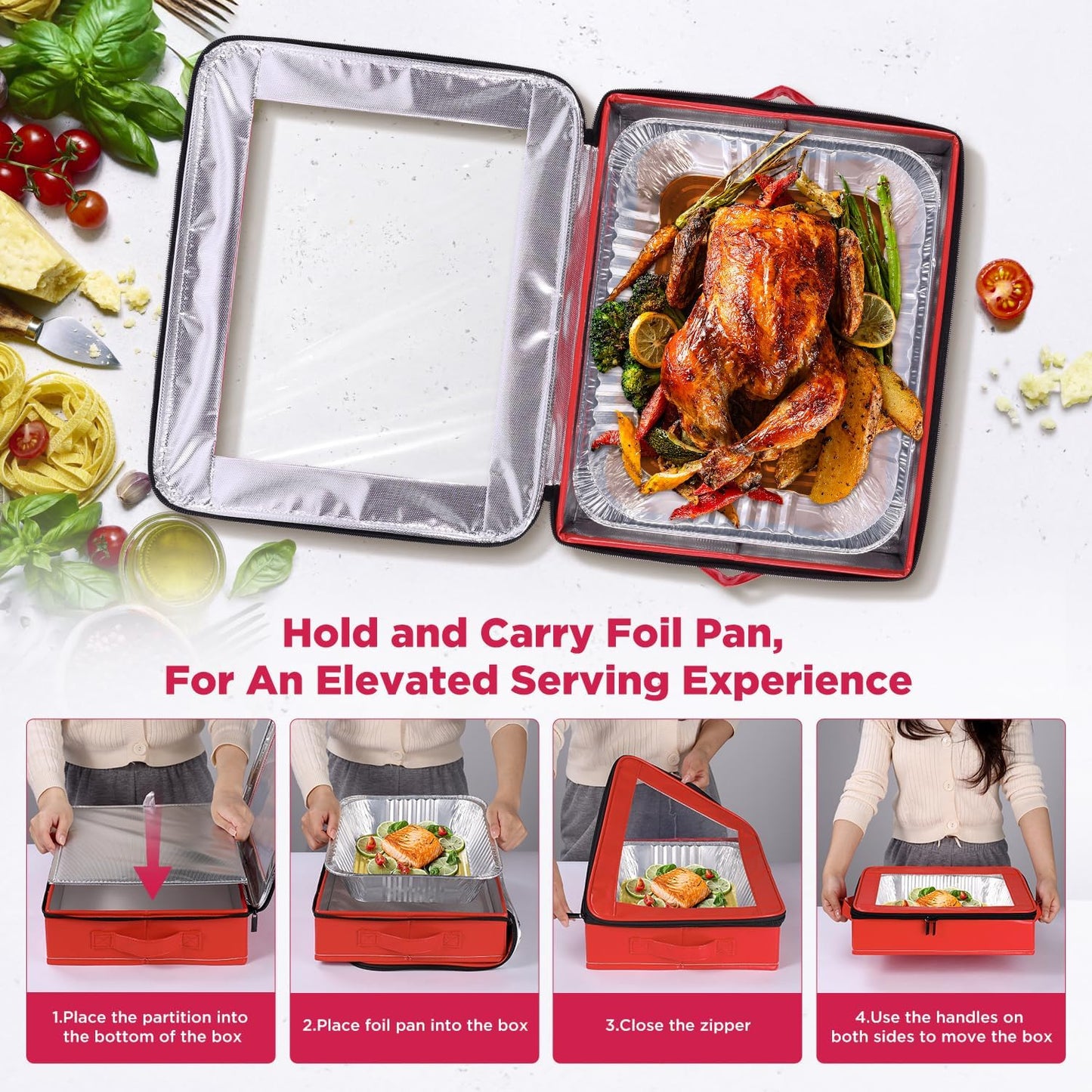OUTXE 2 Pack 9x13 in Foil Pan Carrier with Lid, PU Leather Foil Pan Holder with Handle, Serving Tray for Food, Stackable Aluminum Pan Holder, for Travel, Potlucks, Parties, BBQ, Picnics, Home (Red)