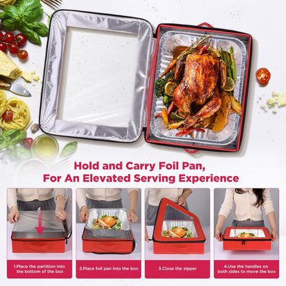 OUTXE 2 Pack 9x13 in Foil Pan Carrier with Lid, PU Leather Foil Pan Holder with Handle, Serving Tray for Food, Stackable Aluminum Pan Holder, for Travel, Potlucks, Parties, BBQ, Picnics, Home (Red)