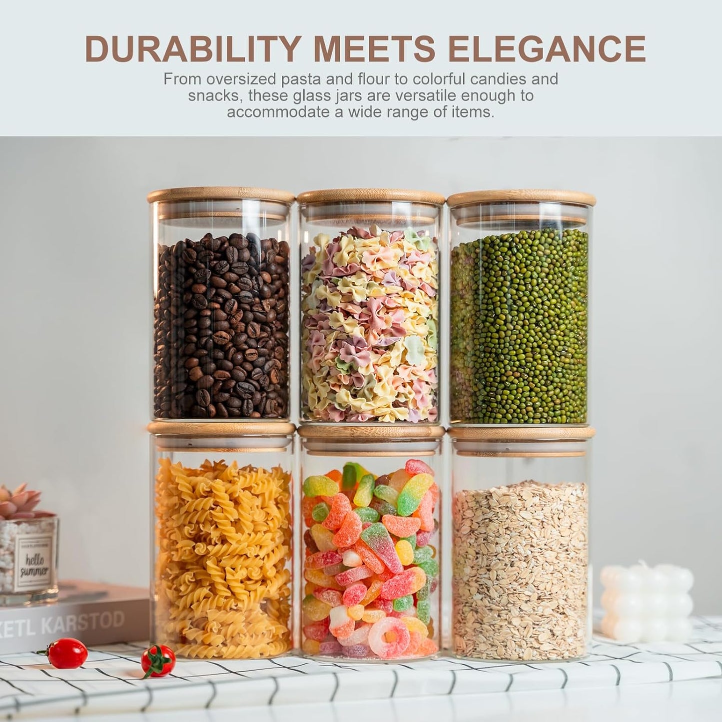 Glass Food Storage Jars 37 oz Set of 6,Glass Storage Containers Clear Glass Food Canister with Bamboo Lid Airtight For Serving Tea, Coffee, Flour, Sugar, Candy, Cookie, Spice and More (Square)