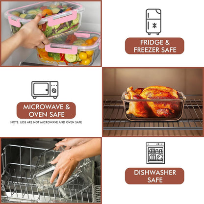 Razab 4 Pcs 1860ml / 63 Oz Large Glass Food Storage Containers with Lids - Glass Meal Prep Containers with Locking Lids for Roasting, Storing Leftover, Lunch Container, BPA Free, Microwave & Oven Safe