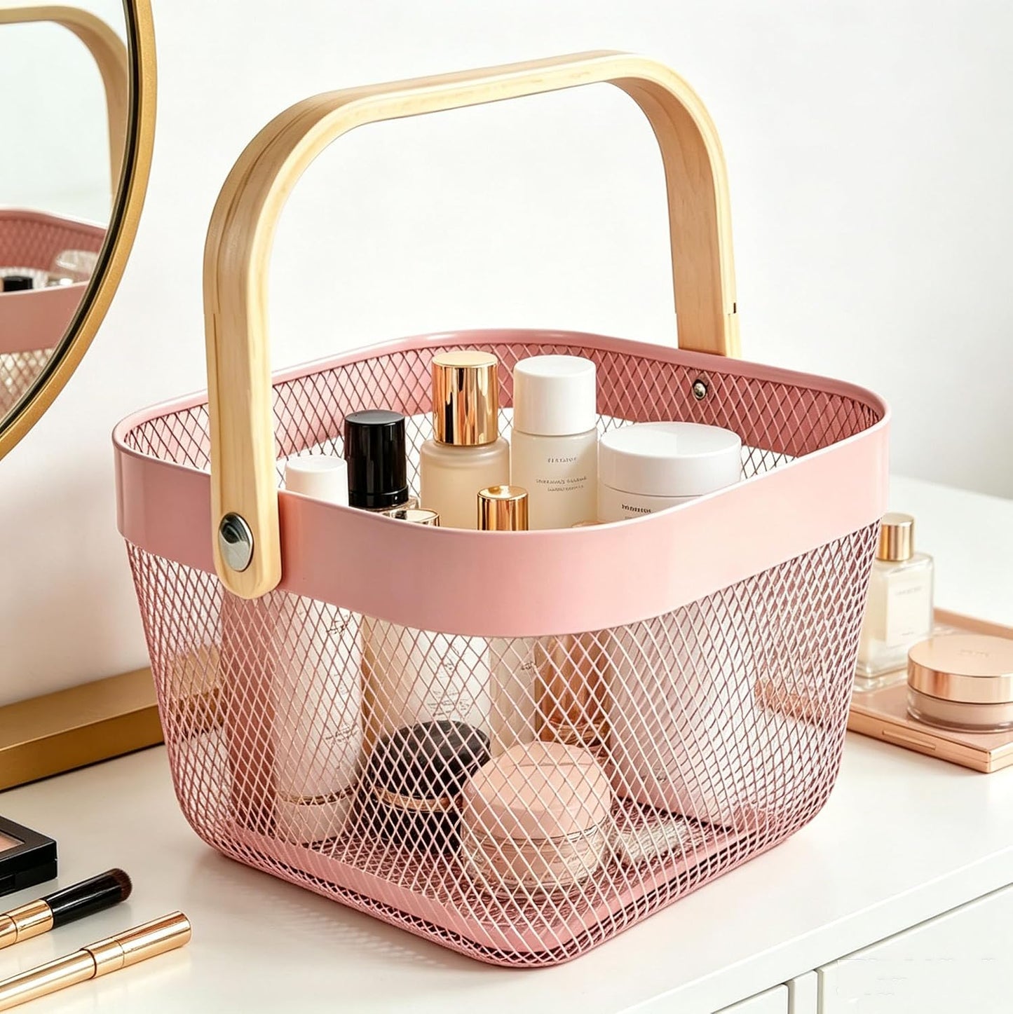 AJIODA Metal Mesh Wire Basket, Large Steel Basket with Wooden Handle Storage Organizer Basket Multi-functional Hanging Kitchen Baskets Fruit Baskets for Kitchen Bathroom Cabinet Pantry Snacks, Black